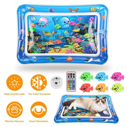 Cutiepawsome Interactive Sensory Water Mat for Kittens - 3D Floating Fish Toy, LED Light, Chirping Flapping Bird Wand, Thick PVC, Rechargeable USB-C, 440G, 67X47X7Cm/70X50Cm, Reduces Stress, Indoor Pet Enrichment Gift (Tiktok Shop Black Friday Trending),,