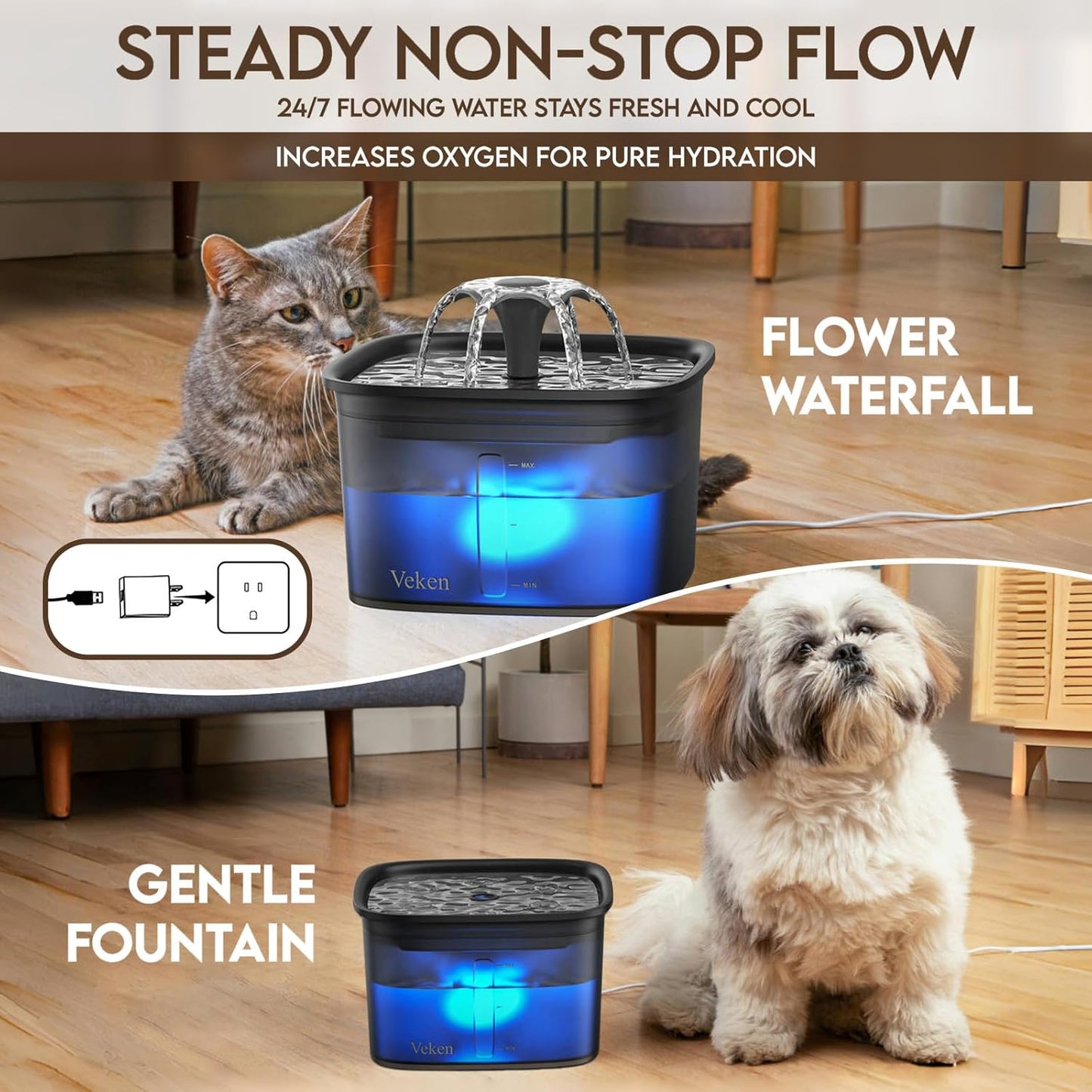 Innovation Award Winner 95Oz/2.8L Cat Water Fountain | Automatic Pet Fountain Dog Water Dispenser with Replacement Filters & Silicone Mat for Cats, Dogs (Space Black, Plastic)
