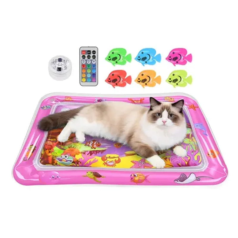 Cutiepawsome Interactive Sensory Water Mat for Kittens - 3D Floating Fish Toy, LED Light, Chirping Flapping Bird Wand, Thick PVC, Rechargeable USB-C, 440G, 67X47X7Cm/70X50Cm, Reduces Stress, Indoor Pet Enrichment Gift (Tiktok Shop Black Friday Trending),,