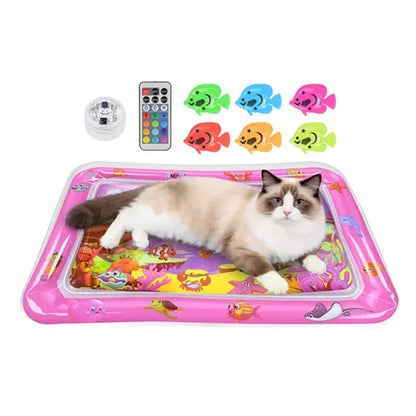 Cutiepawsome Interactive Sensory Water Mat for Kittens - 3D Floating Fish Toy, LED Light, Chirping Flapping Bird Wand, Thick PVC, Rechargeable USB-C, 440G, 67X47X7Cm/70X50Cm, Reduces Stress, Indoor Pet Enrichment Gift (Tiktok Shop Black Friday Trending),,