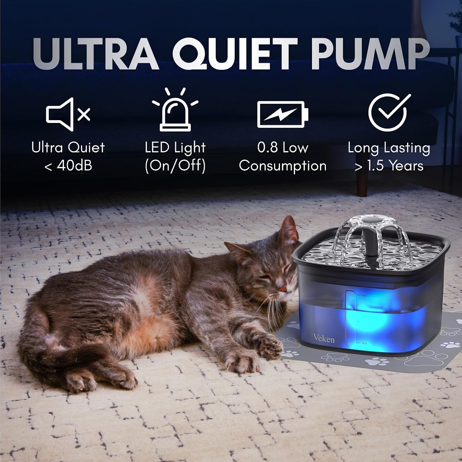 Innovation Award Winner 95Oz/2.8L Cat Water Fountain | Automatic Pet Fountain Dog Water Dispenser with Replacement Filters & Silicone Mat for Cats, Dogs (Space Black, Plastic)