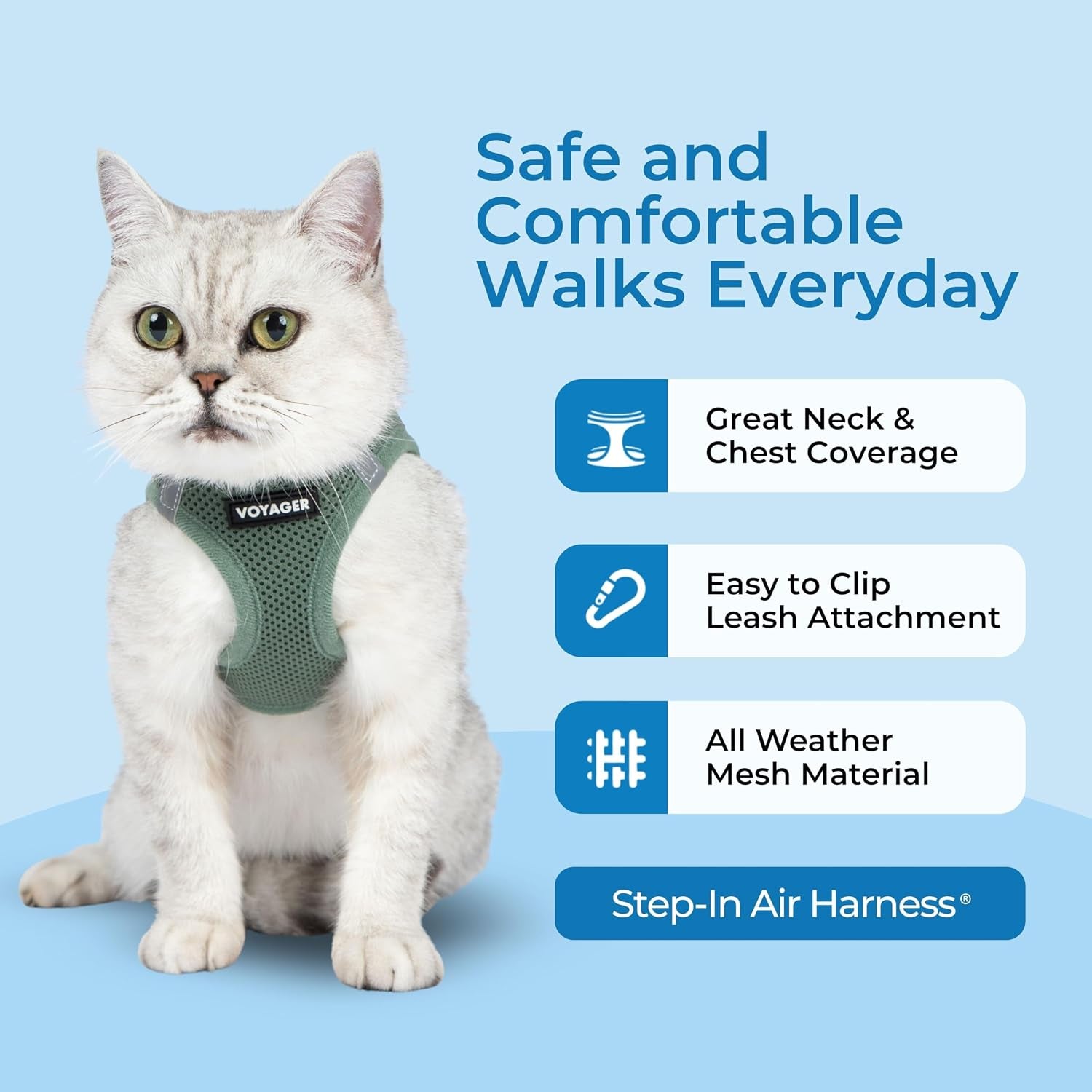 Voyager Step-In Air Cat Harness & Leash Set - Moss Green, Xx-Small | 12 - 13.5" in Chest, Reflective Bands, All Weather Breathable Air Mesh, Cats Compatible, Fast Drying