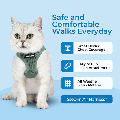 Voyager Step-In Air Cat Harness & Leash Set - Moss Green, Xx-Small | 12 - 13.5" in Chest, Reflective Bands, All Weather Breathable Air Mesh, Cats Compatible, Fast Drying