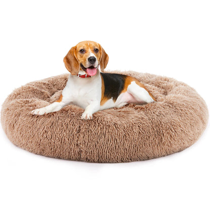 Calming Donut Dog Bed - Anti-Anxiety Fluffy Faux Fur Bed, Washable & Anti-Slip for Dogs and Cats