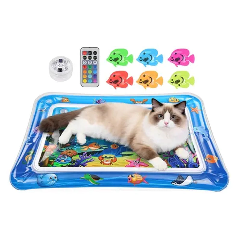 Cutiepawsome Interactive Sensory Water Mat for Kittens - 3D Floating Fish Toy, LED Light, Chirping Flapping Bird Wand, Thick PVC, Rechargeable USB-C, 440G, 67X47X7Cm/70X50Cm, Reduces Stress, Indoor Pet Enrichment Gift (Tiktok Shop Black Friday Trending),,