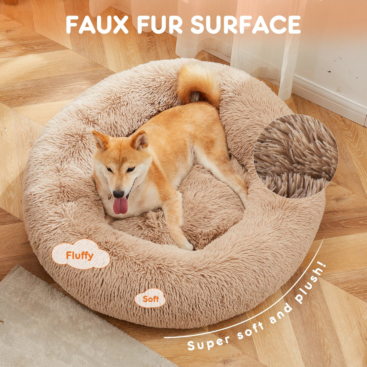 Calming Donut Dog Bed - Anti-Anxiety Fluffy Faux Fur Bed, Washable & Anti-Slip for Dogs and Cats