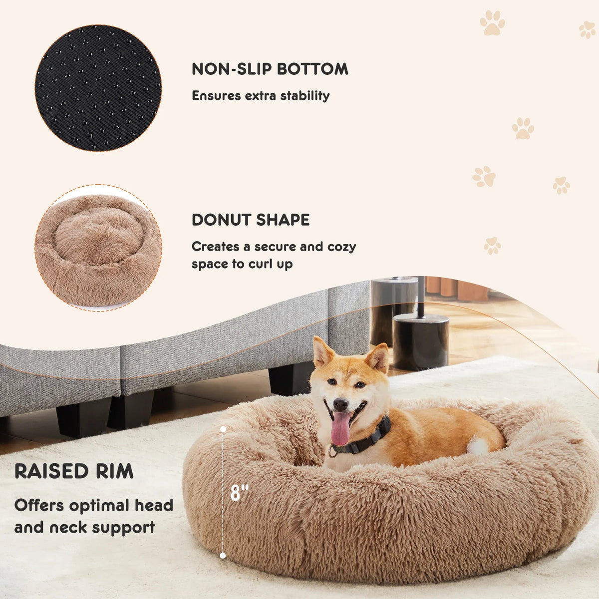 Calming Donut Dog Bed - Anti-Anxiety Fluffy Faux Fur Bed, Washable & Anti-Slip for Dogs and Cats