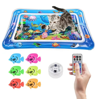 Cutiepawsome Interactive Sensory Water Mat for Kittens - 3D Floating Fish Toy, LED Light, Chirping Flapping Bird Wand, Thick PVC, Rechargeable USB-C, 440G, 67X47X7Cm/70X50Cm, Reduces Stress, Indoor Pet Enrichment Gift (Tiktok Shop Black Friday Trending),,