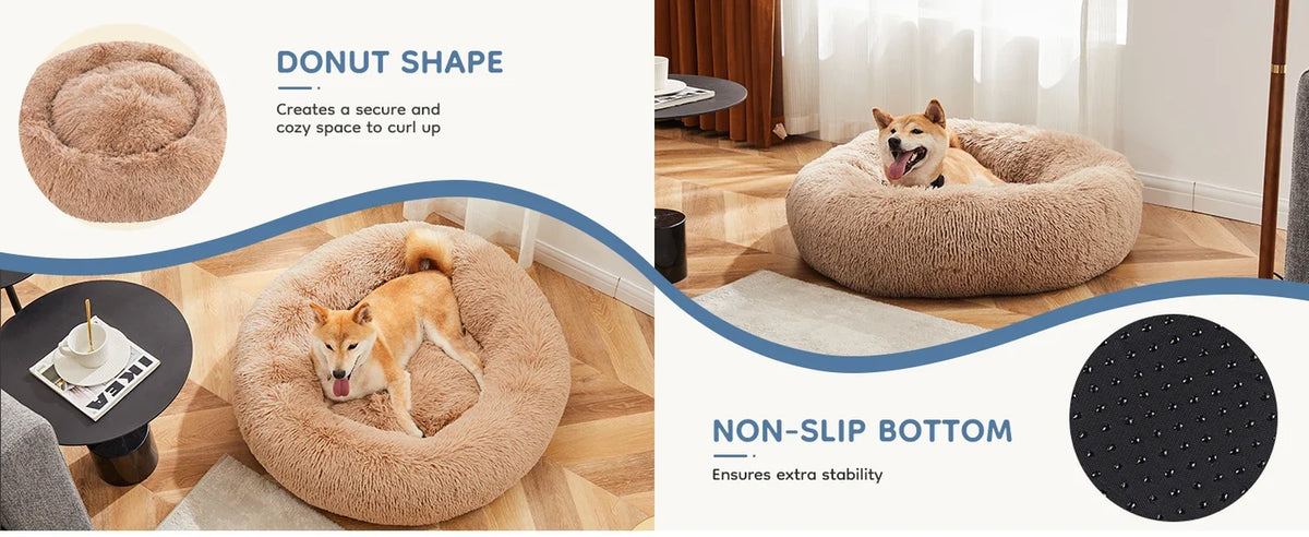 Calming Donut Dog Bed - Anti-Anxiety Fluffy Faux Fur Bed, Washable & Anti-Slip for Dogs and Cats