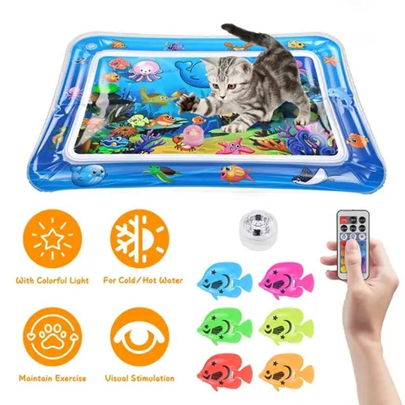 Cutiepawsome Interactive Sensory Water Mat for Kittens - 3D Floating Fish Toy, LED Light, Chirping Flapping Bird Wand, Thick PVC, Rechargeable USB-C, 440G, 67X47X7Cm/70X50Cm, Reduces Stress, Indoor Pet Enrichment Gift (Tiktok Shop Black Friday Trending),,