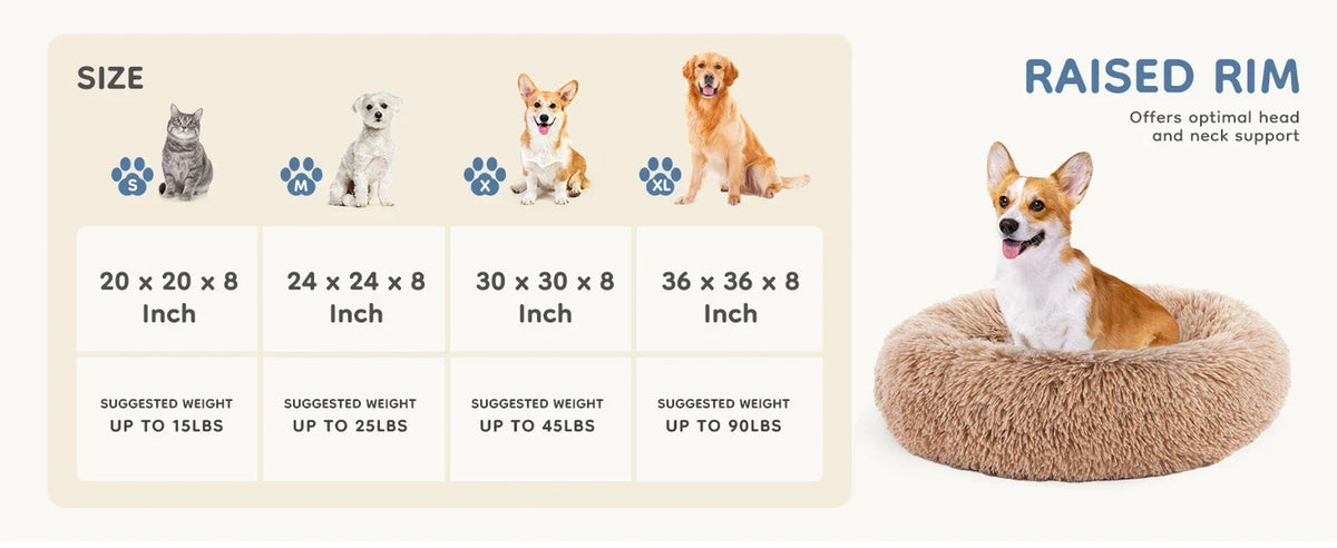 Calming Donut Dog Bed - Anti-Anxiety Fluffy Faux Fur Bed, Washable & Anti-Slip for Dogs and Cats