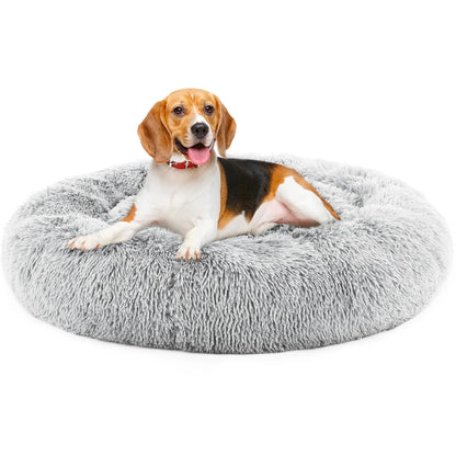 Calming Donut Dog Bed - Anti-Anxiety Fluffy Faux Fur Bed, Washable & Anti-Slip for Dogs and Cats