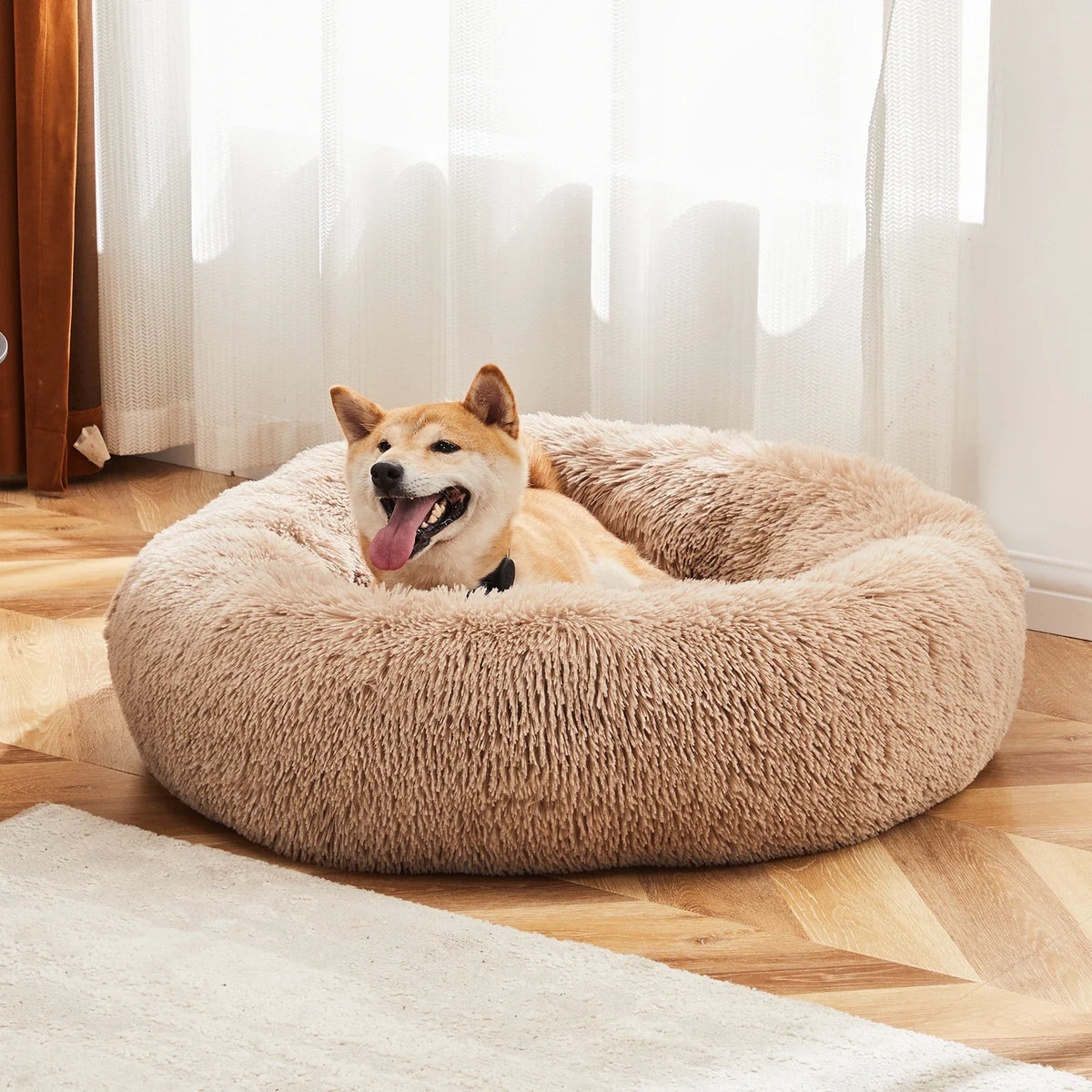 Calming Donut Dog Bed - Anti-Anxiety Fluffy Faux Fur Bed, Washable & Anti-Slip for Dogs and Cats