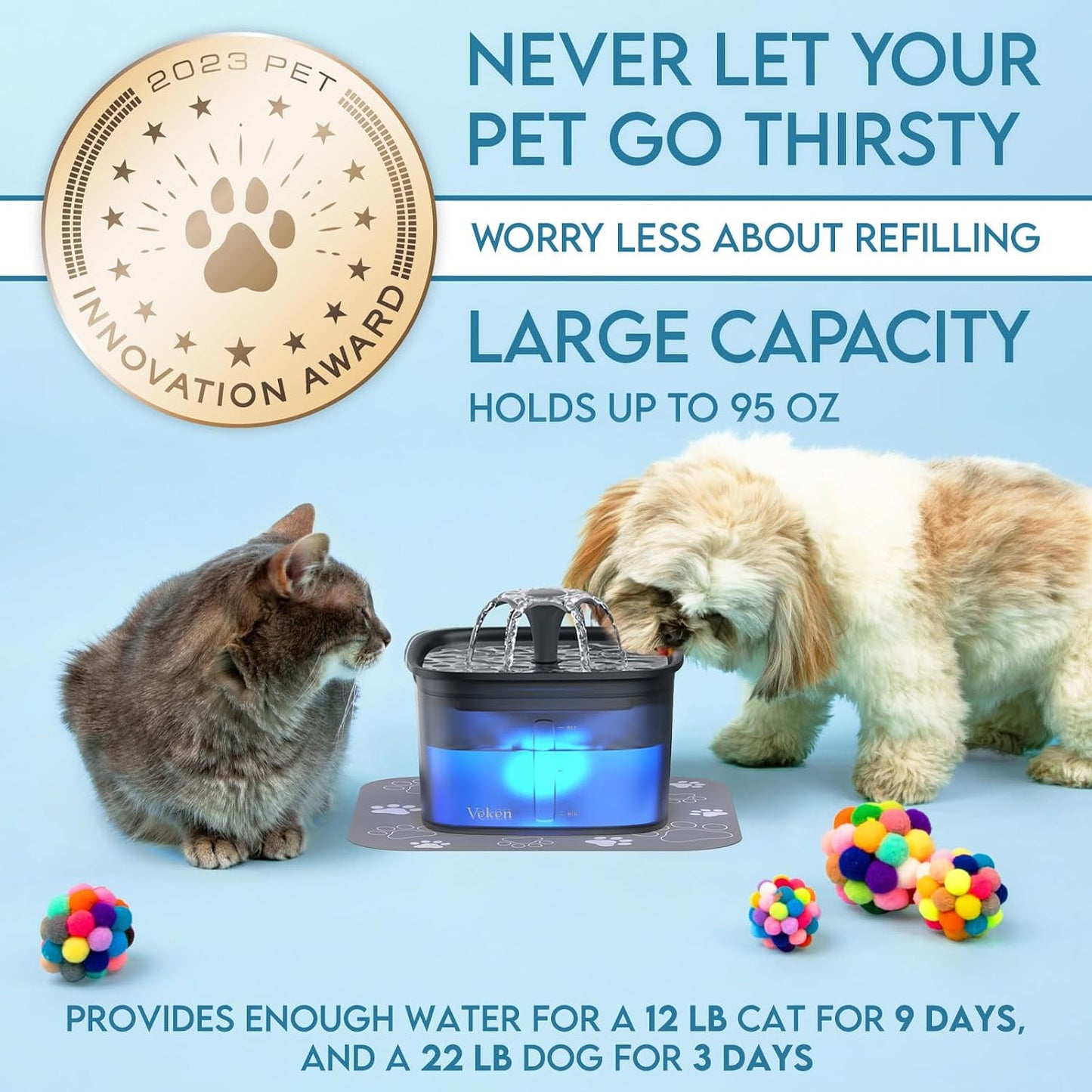 Innovation Award Winner 95Oz/2.8L Cat Water Fountain | Automatic Pet Fountain Dog Water Dispenser with Replacement Filters & Silicone Mat for Cats, Dogs (Space Black, Plastic)