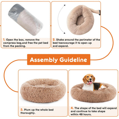 Calming Donut Dog Bed - Anti-Anxiety Fluffy Faux Fur Bed, Washable & Anti-Slip for Dogs and Cats